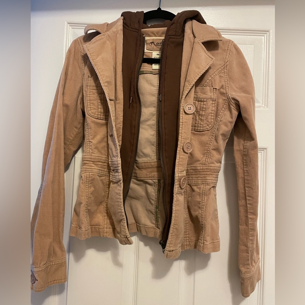 Beige and brown corduroy jacket with attached hoodie